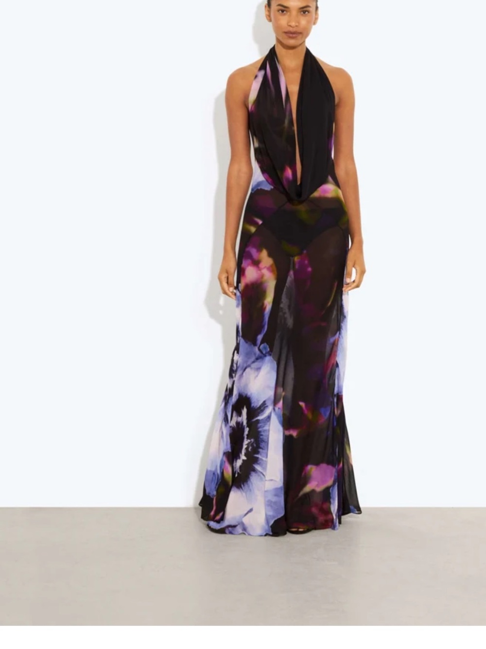 Rat & Boa Black Floral Halter Maxi Dress with Purple Accents